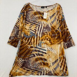 New Citiknits Effortless Style 2X Brown Tan Abstract Stretch 3/4 Sleeve Tunic